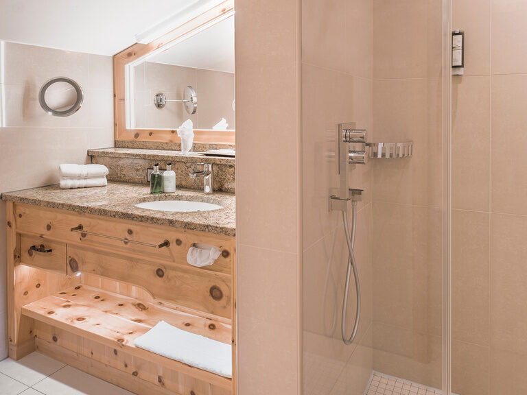 Das Badezimmer mit Regendusche & Glasabtrennung, einen stilvollen Granit-Waschtisch im Doppelzimmer Morgentau im Hotel Oswald.
