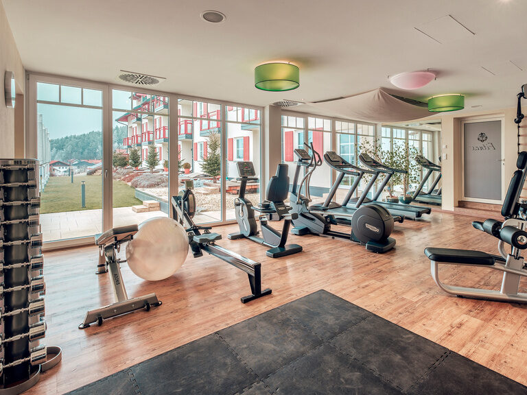 Der helle Fitnessraum im Wellnesshotel Oswald bietet moderne Trainingsgeräte und Ausblick ins Grüne.