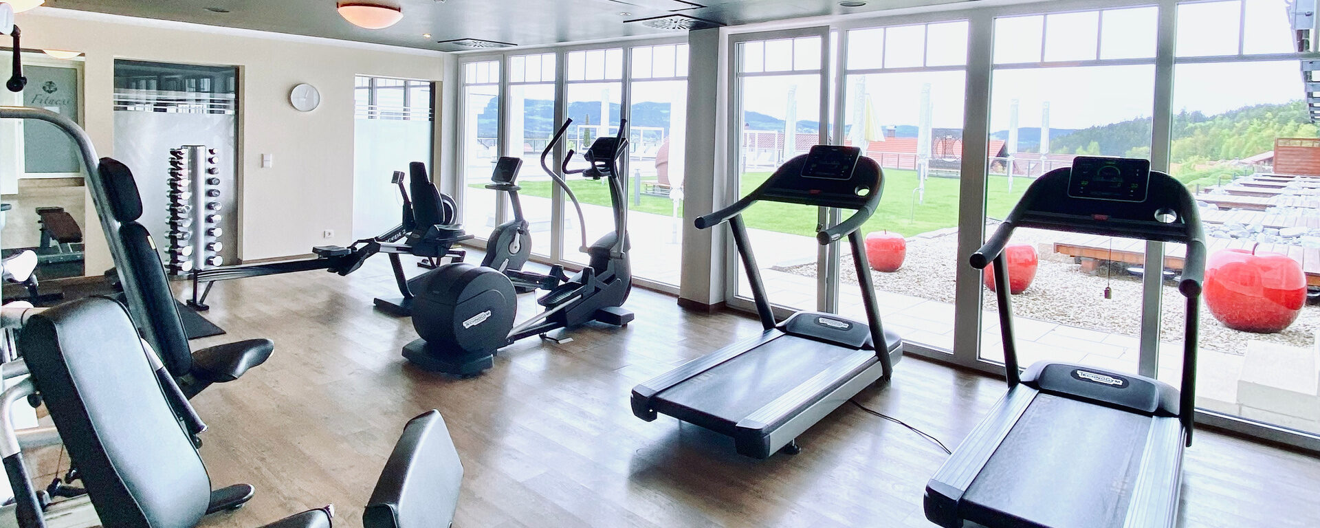 Eine harmonische Beleuchtung im Fitnessraum schafft ein angenehmes Ambiente für Krafttraining und Ausdauerübungen im Hotel Oswald.