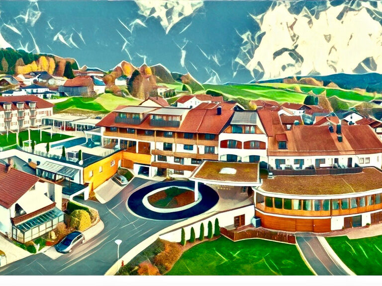 Das Hotel Oswald als Skizze aus der Vogelperspektive für einen klaren Überblick des Resorts im Bayerischen Wald.