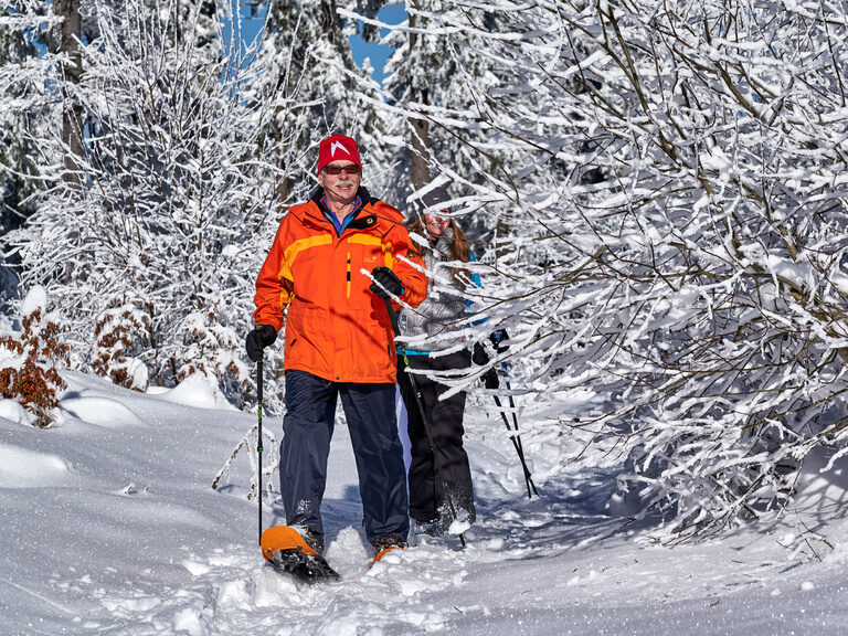 Zwei Personen wandern mit Schneeschuhen durch einen verschneiten Winterwald im Bayerischen Wald.